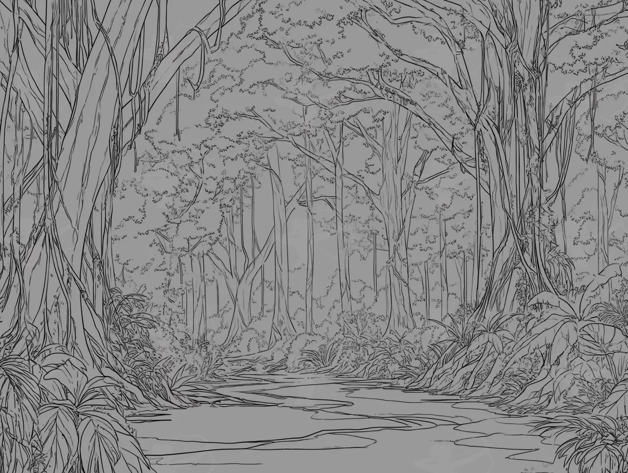 A Black And White Line Art Scene Of The Amazon Rainfo – Digital Download