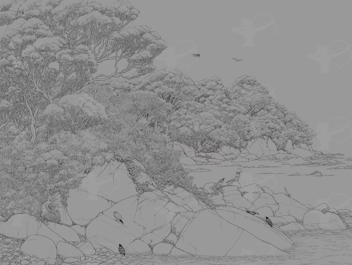 A Line Art Coastal Scene Of Stewart Island With Dense – Digital Download