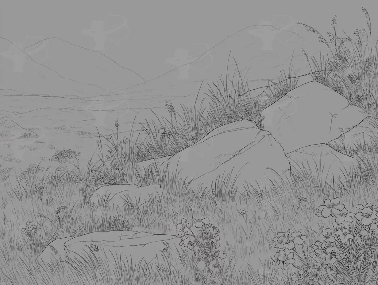 A Line Art Scene Of A Highland Meadow With Tall Grass – Digital Download