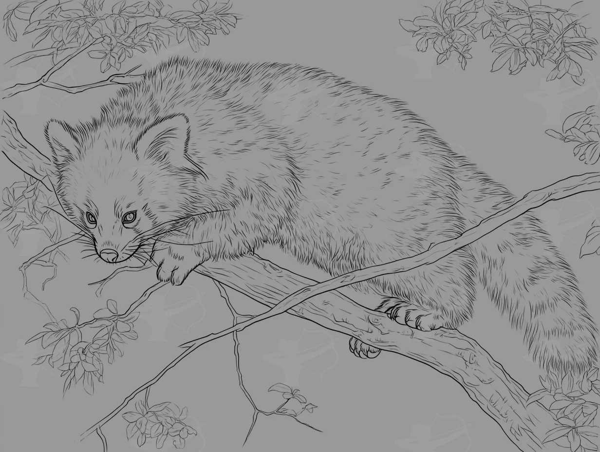 A Realistic Baby Red Panda Climbing On A Narrow Tree