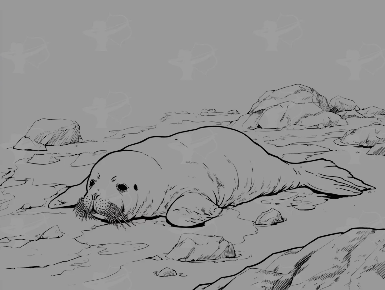 A Realistic Baby Walrus Lying On A Rocky Arctic Shore